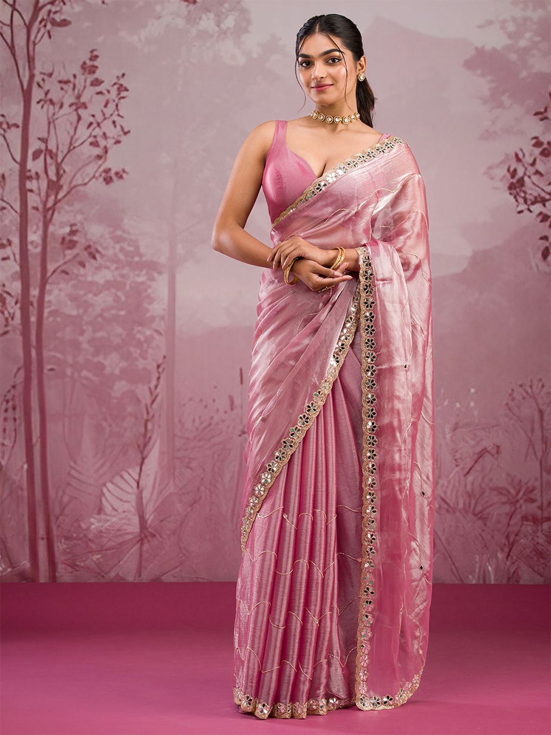 

Koskii Ethnic Motifs Mirror Work Poly Georgette Saree, Pink