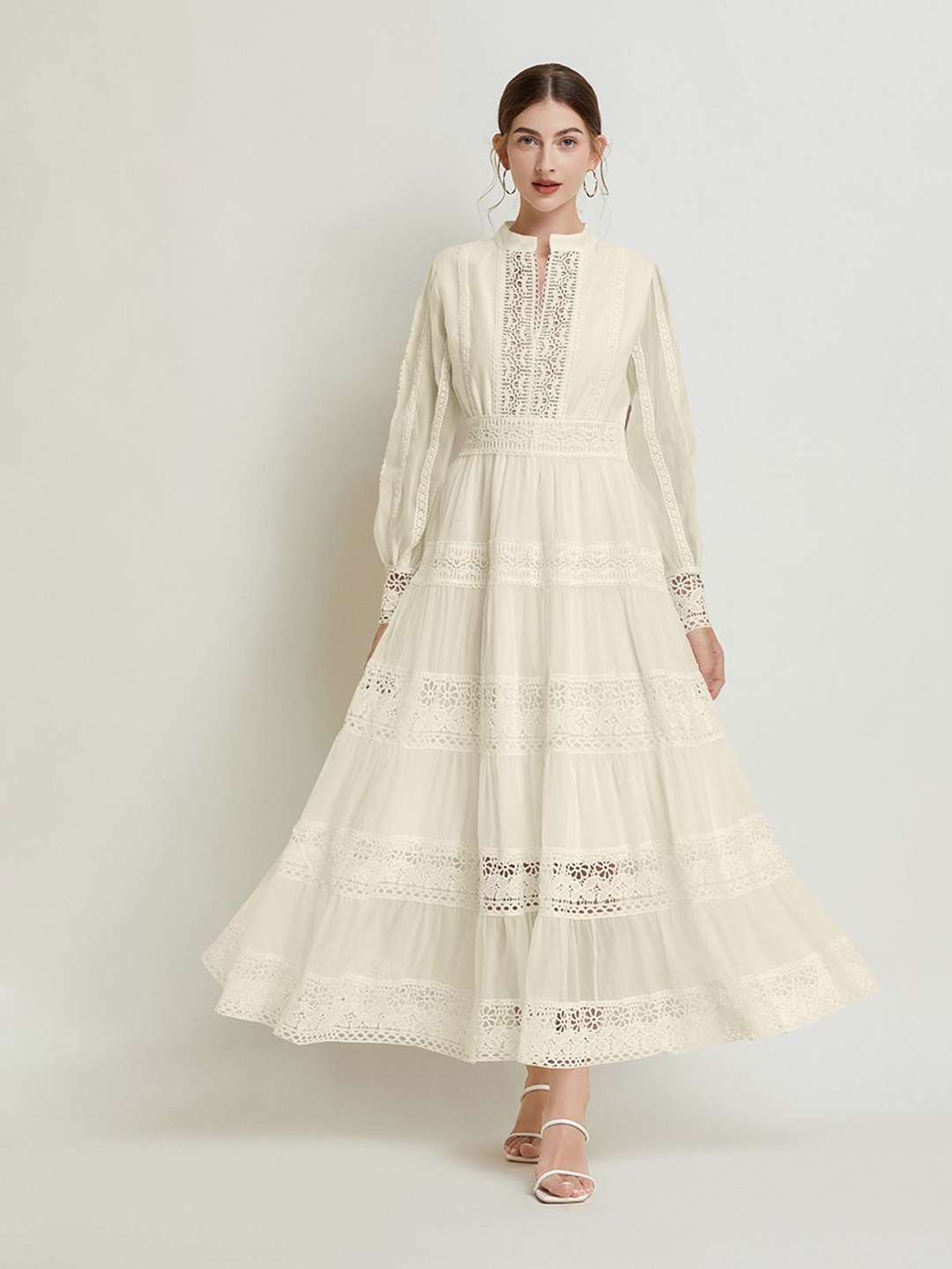 

JC Collection Mandarin Collar Self Design Maxi Dress, Beige