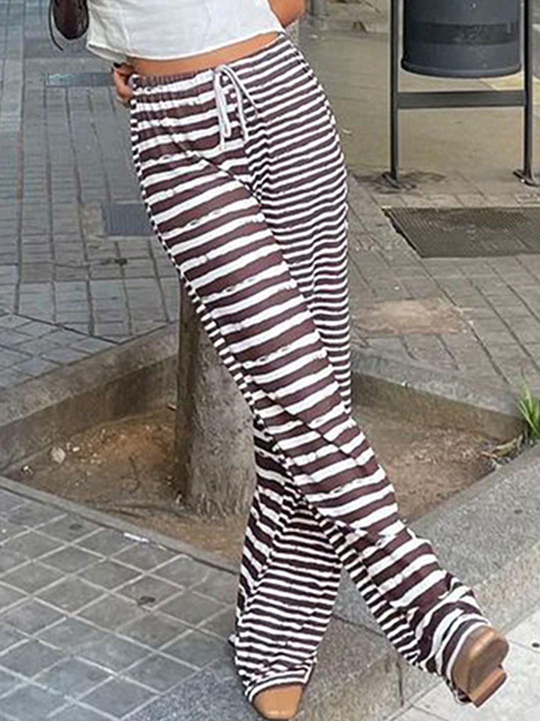 

LULU & SKY Women Striped Straight Fit High-Rise Trousers, Brown