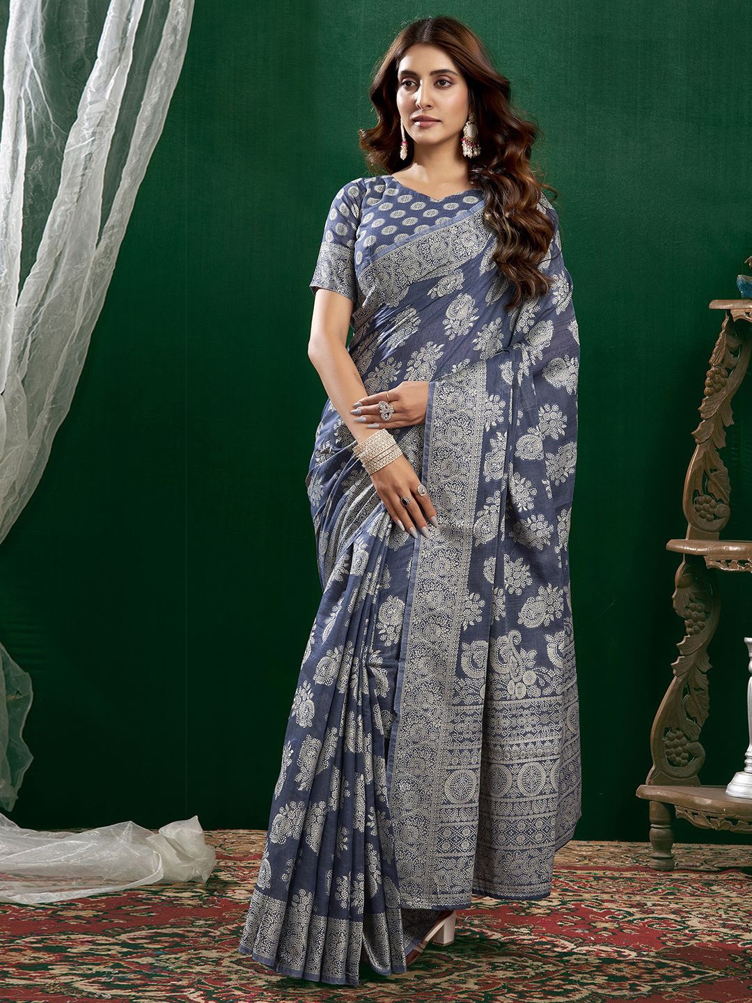 

all about you Ethnic Motifs Zari Pure Cotton Banarasi Saree, Blue