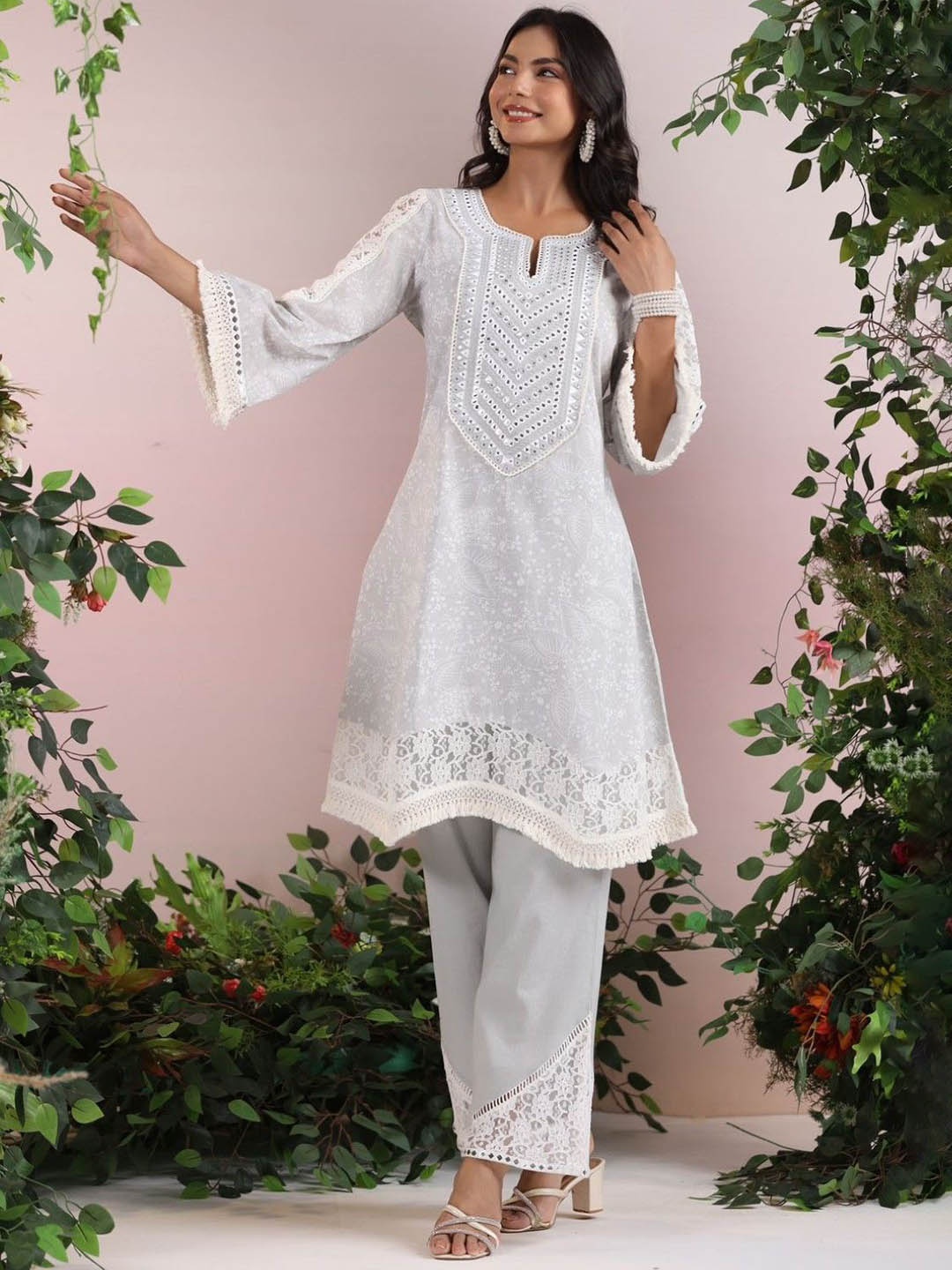 

AUTUMN LANE Floral Embroidered Pure Cotton Anarkali Kurta With Trousers, White