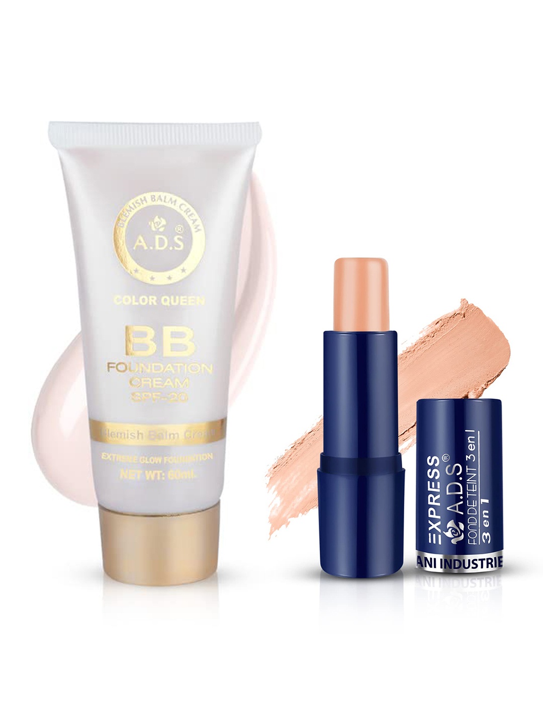 

A.D.S Flawless Finish Foundation & Concealer Stick Combo-60ml + 15g - Shade-02, Nude