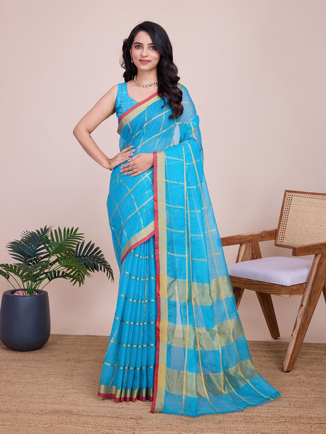 

ORUS Checked Zari Kota Saree, Blue