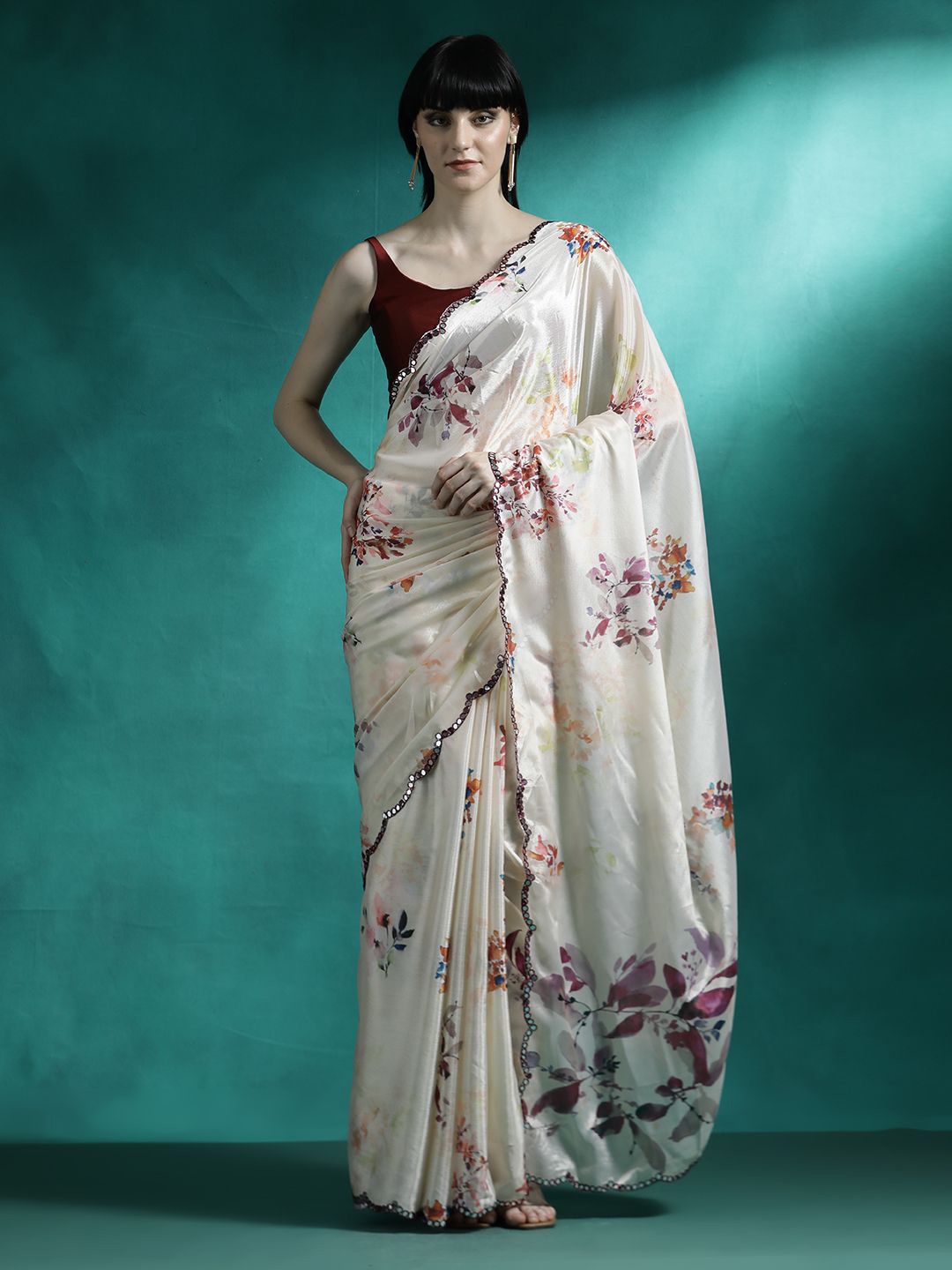 

Sangria Printed & Embroidered Gotta Patti Poly Chiffon Saree With Blouse, Cream