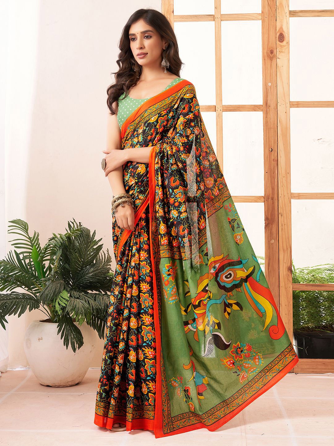

all about you Kalamkari Pure Cotton Ikat Saree, Green