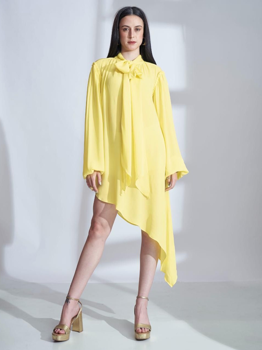 

The Samoa Women Tie-Up Neck Long Sleeve A-Line Midi Dress, Yellow