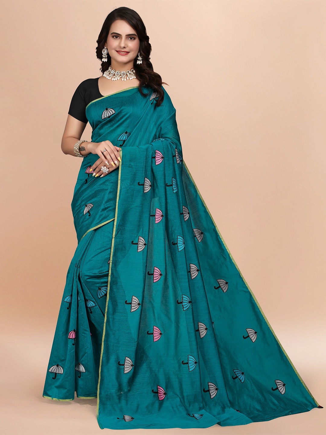 

APNISHA Embroidered Pure Cotton Chanderi Saree, Teal