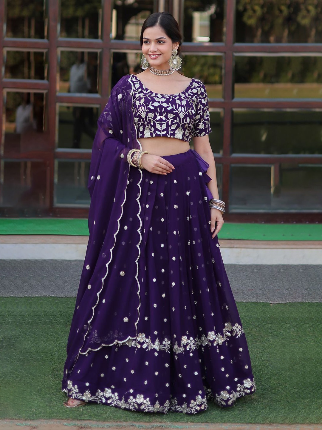 

KALINI Embroidered Silk Georgette Ready to Wear Lehenga & Unstitched Blouse With Dupatta, Purple