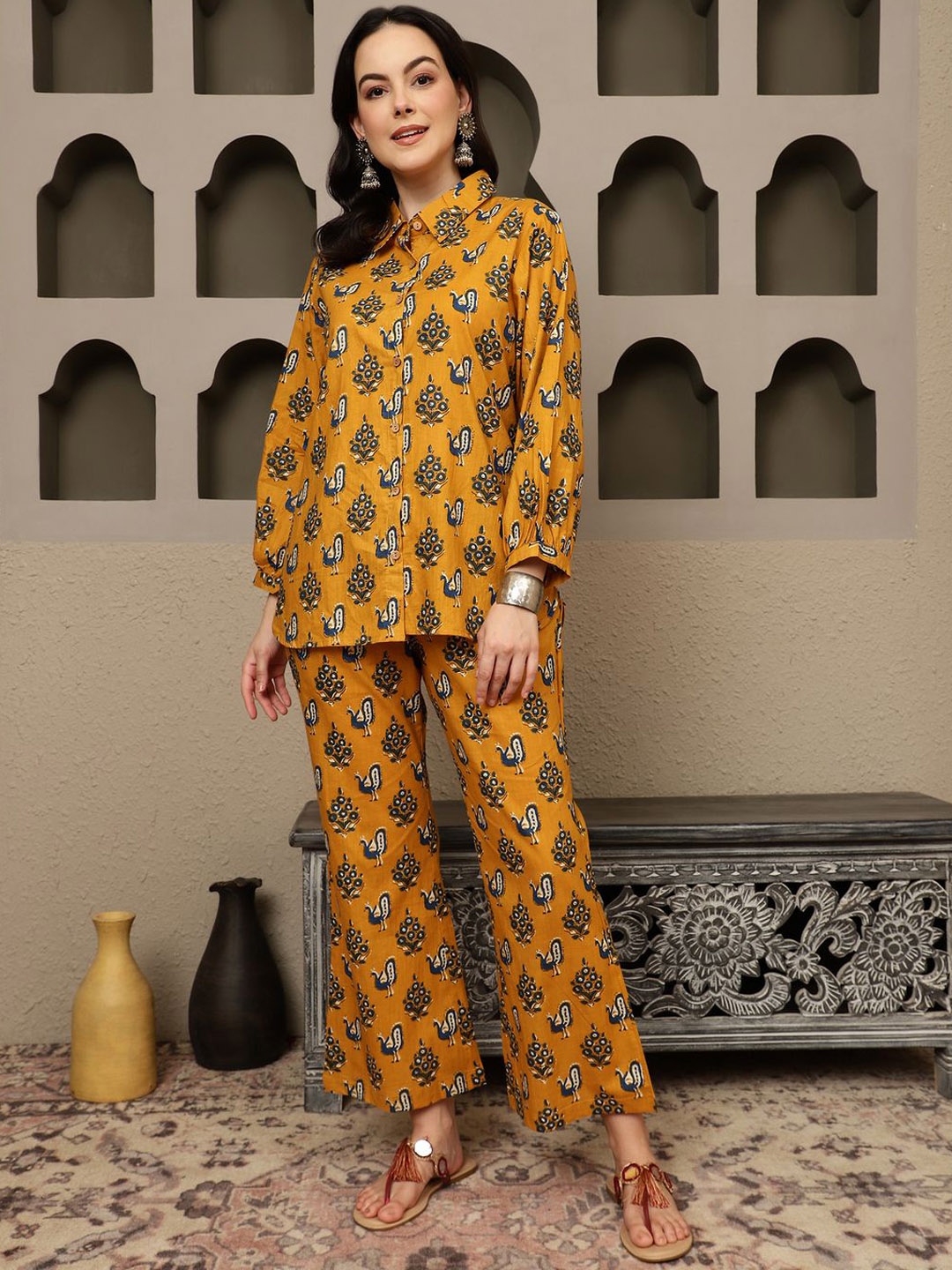 

Sangria Printed Pure Cotton Top With Trousers, Mustard