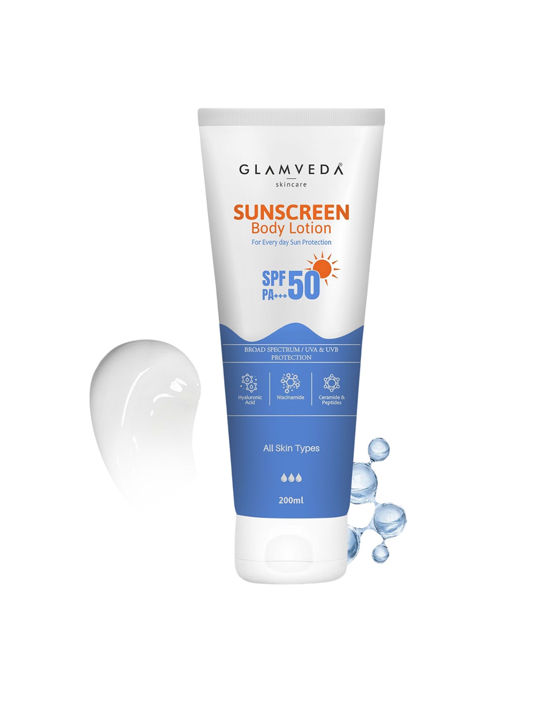 

GLAMVEDA SPF 50 PA+++ Sunscreen Body Lotion with Hyaluronic Acid & Niacinamide- 200ml, White