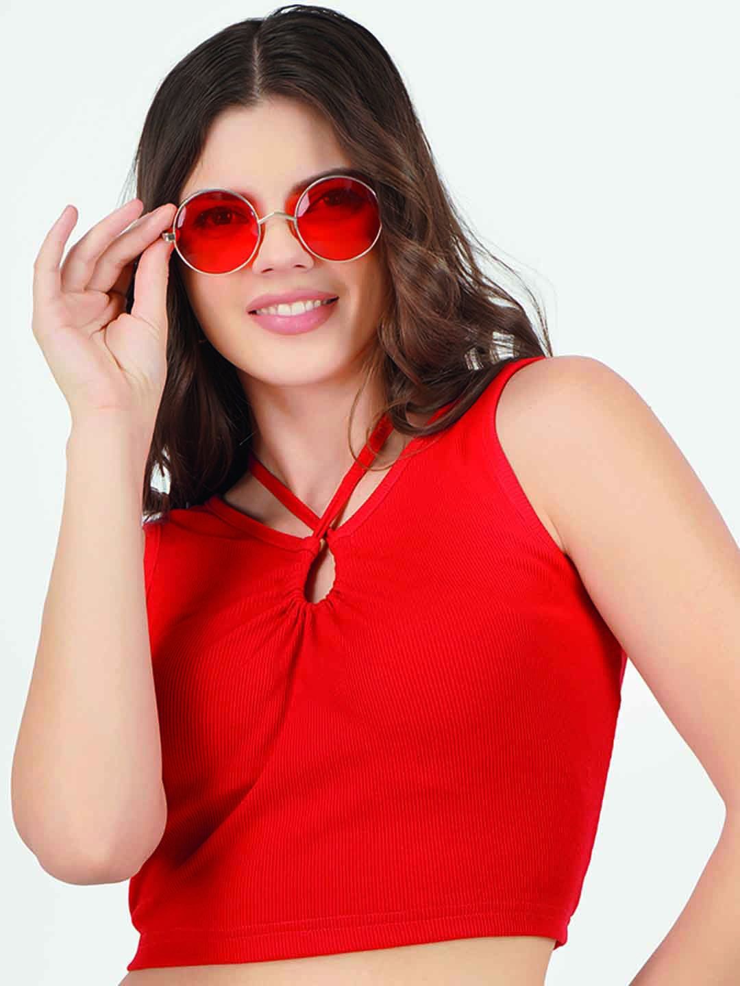 

BAESD Women Solid Halter Neck Cotton Top, Red