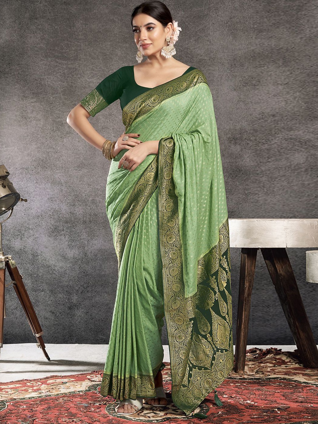 

Satrani Woven Design Zari Pure Georgette Banarasi Saree, Green