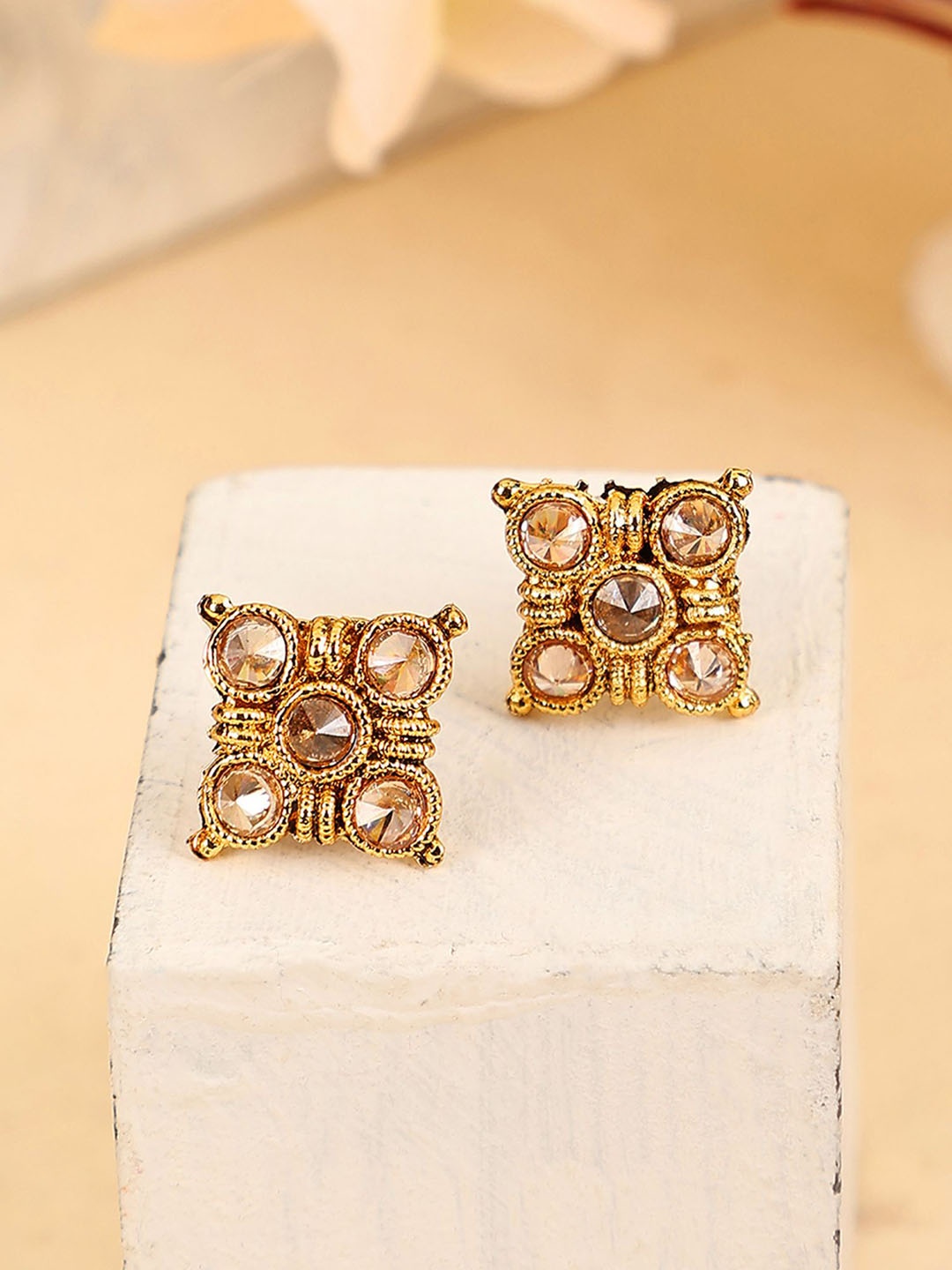 

ANIKAS CREATION Gold-Plated Cubic Zirconia Studded Contemporary Studs