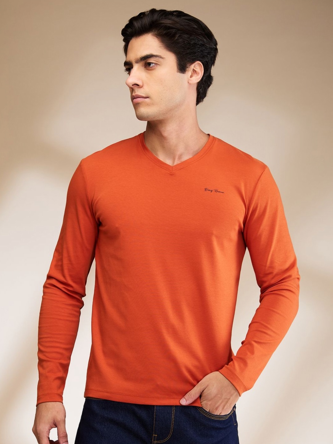 

Being Human Men Solid V-Neck Cotton Slim Fit T-shirt, Orange