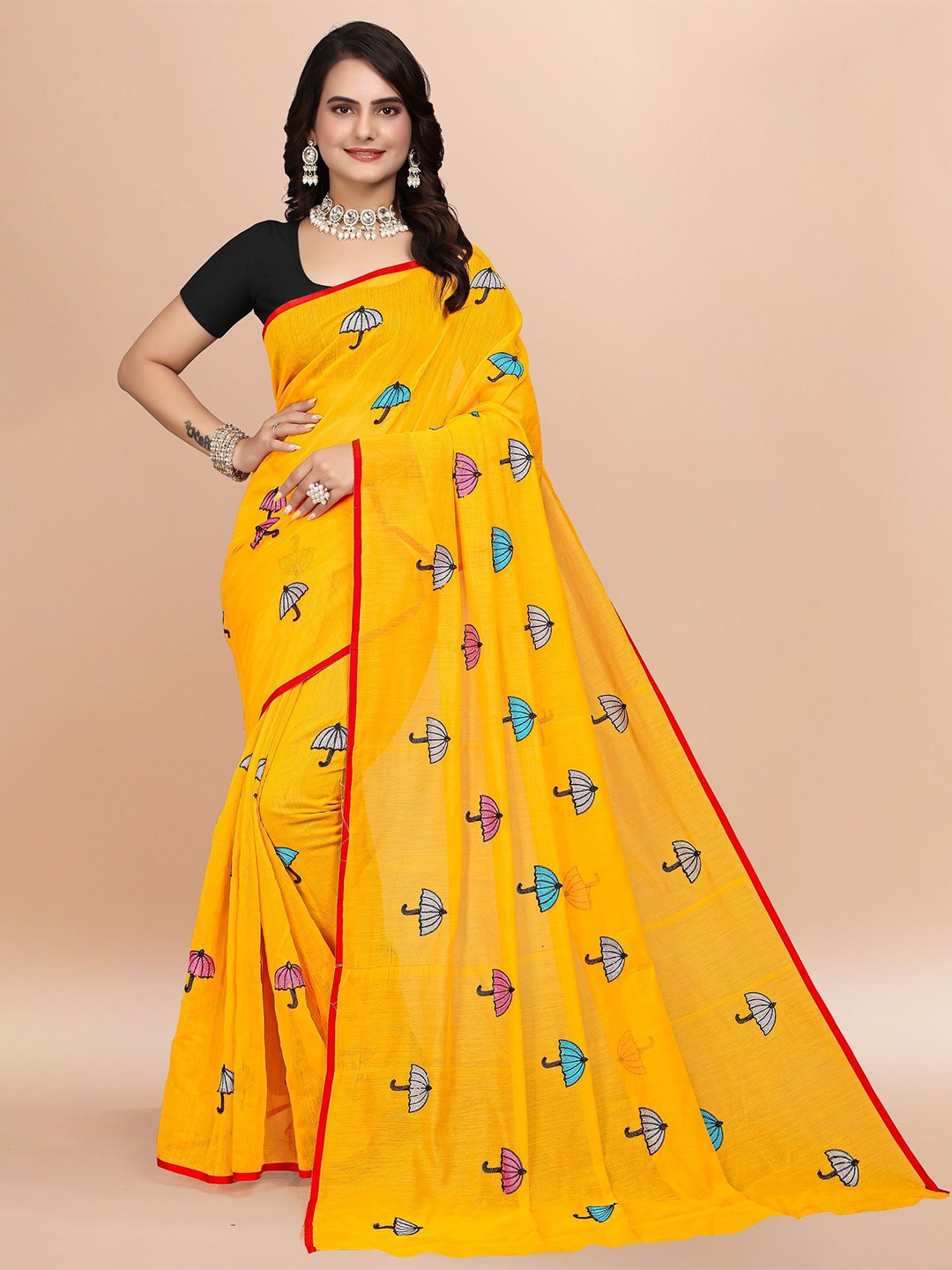 

APNISHA Embroidered Pure Cotton Chanderi Saree, Yellow