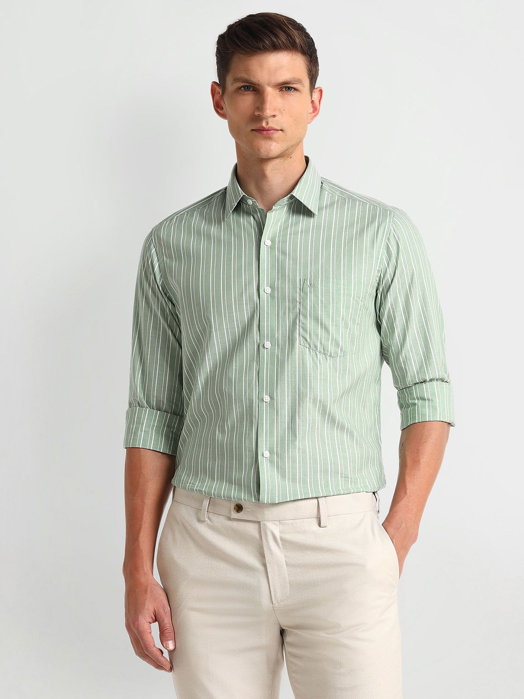 

Arrow Men Modern Spread Collar Vertical Striped Cotton Slim Fit Formal Shirt, Green