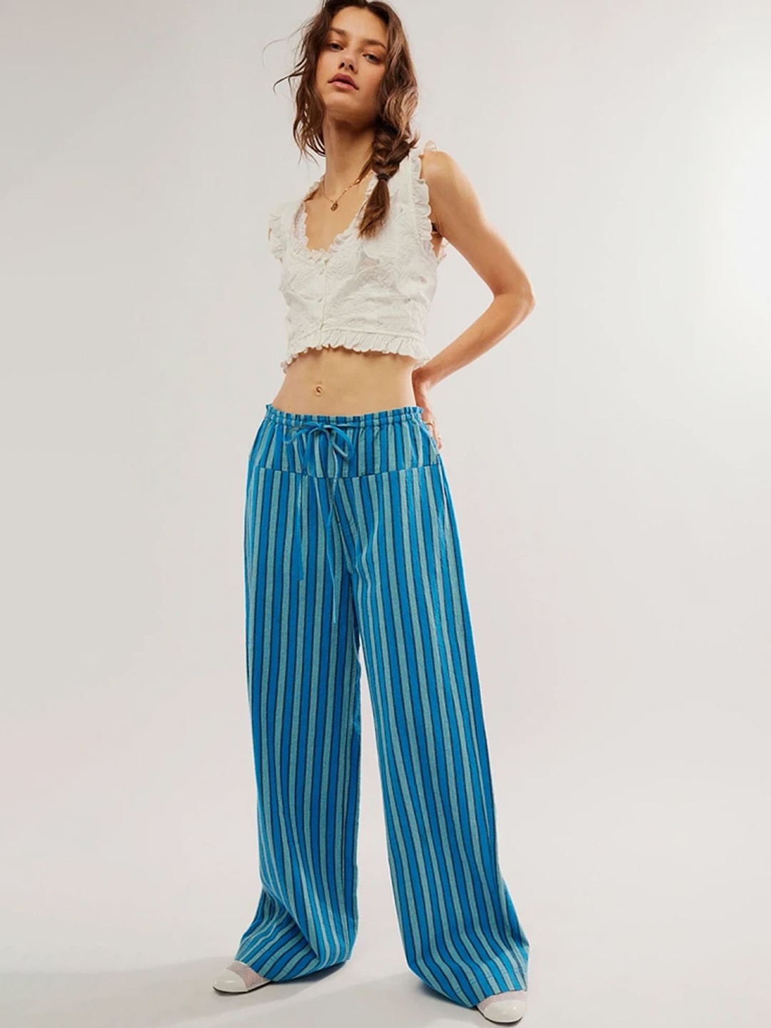 

LULU & SKY Women Striped Straight Fit Trousers, Blue