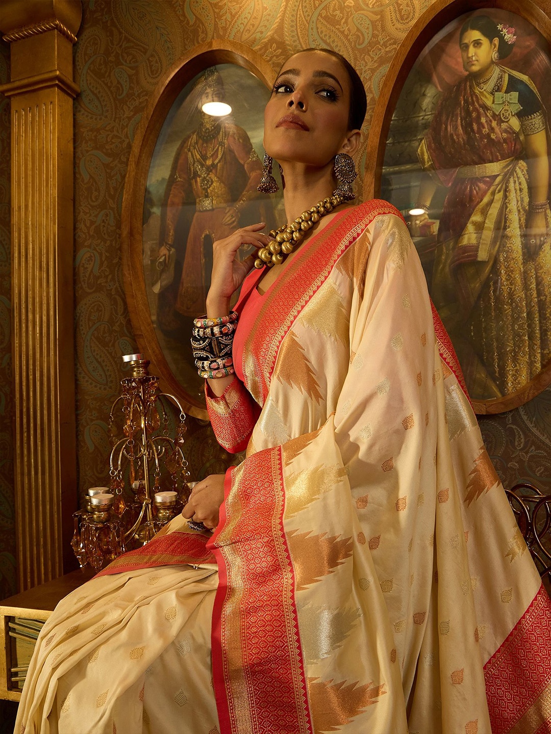

Sangria Pure Silk Woven Design Banarasi Saree, Cream