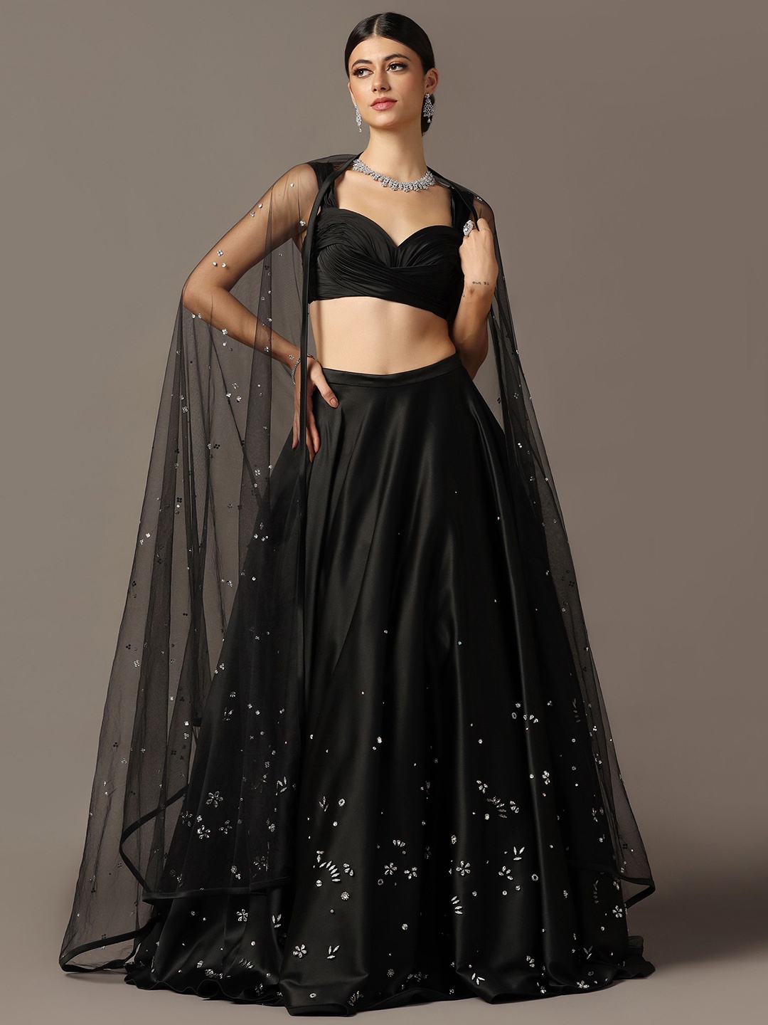 

Pooja Peshoria Embellished Sequinned Satin Ready to Wear Lehenga & Blouse With Dupatta, Black