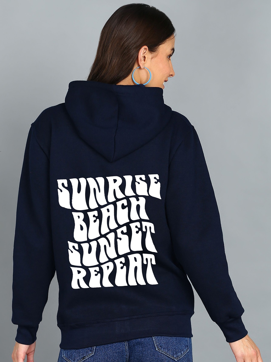 

FALTU.CO Women Typography Printed Hooded Ribbed Cotton Sweatshirt, Navy blue