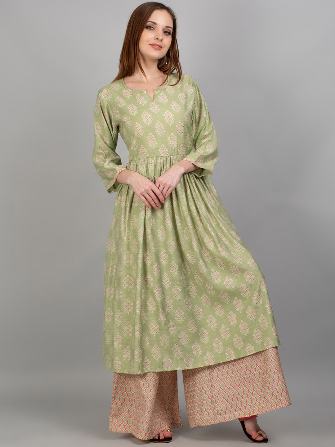 

Shree Floral Printed Anarkali Liva Kurta with Palazzos, Green