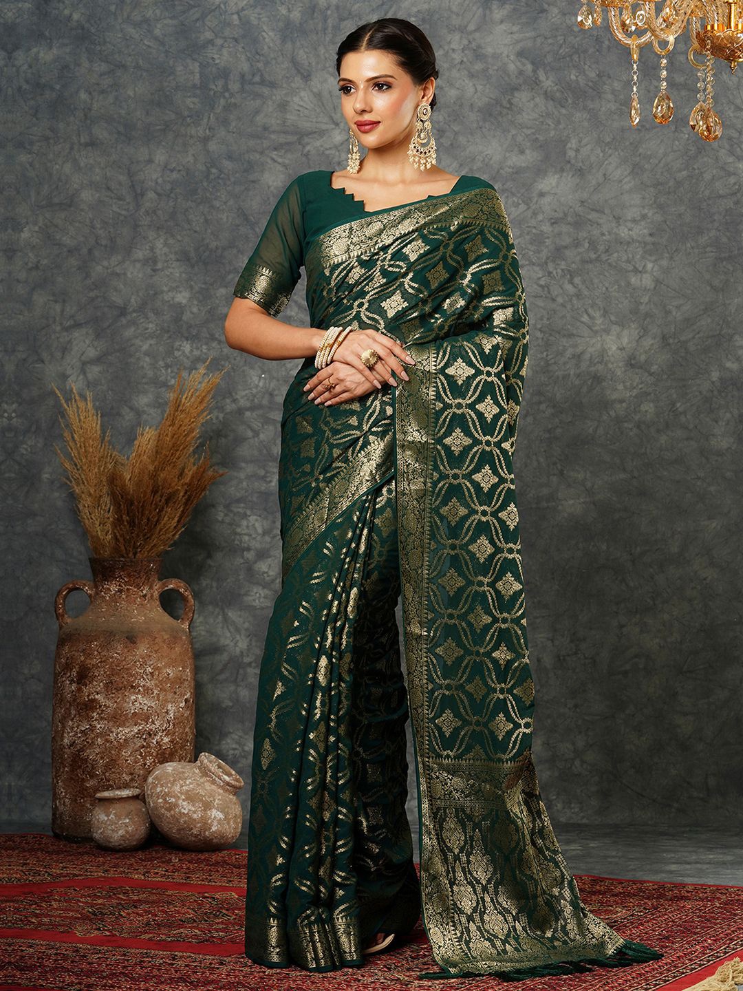 

Satrani Ethnic Motifs Woven Design Zari Pure Georgette Banarasi Saree, Green