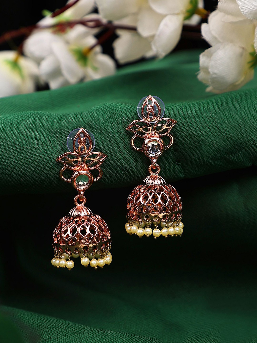 

ANIKAS CREATION Rose Gold-Plated Artificial Stones and Beads Studded Jhumkas Earrings