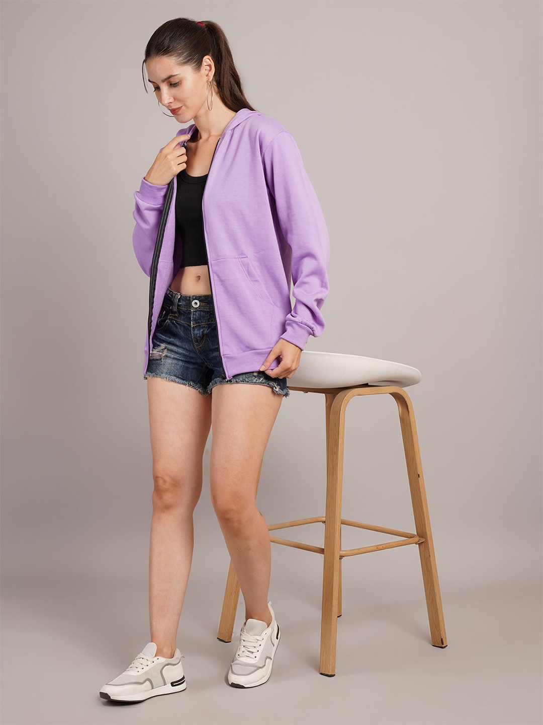 

Kushi Flyer Women Solid Hooded Ribbed Sweatshirt, Lavender
