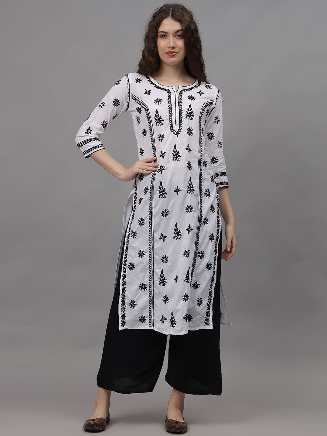 

Seva Chikan Ethnic Motifs Embroidered Round Neck Lucknowi Chikankari Cotton Straight Kurta, White