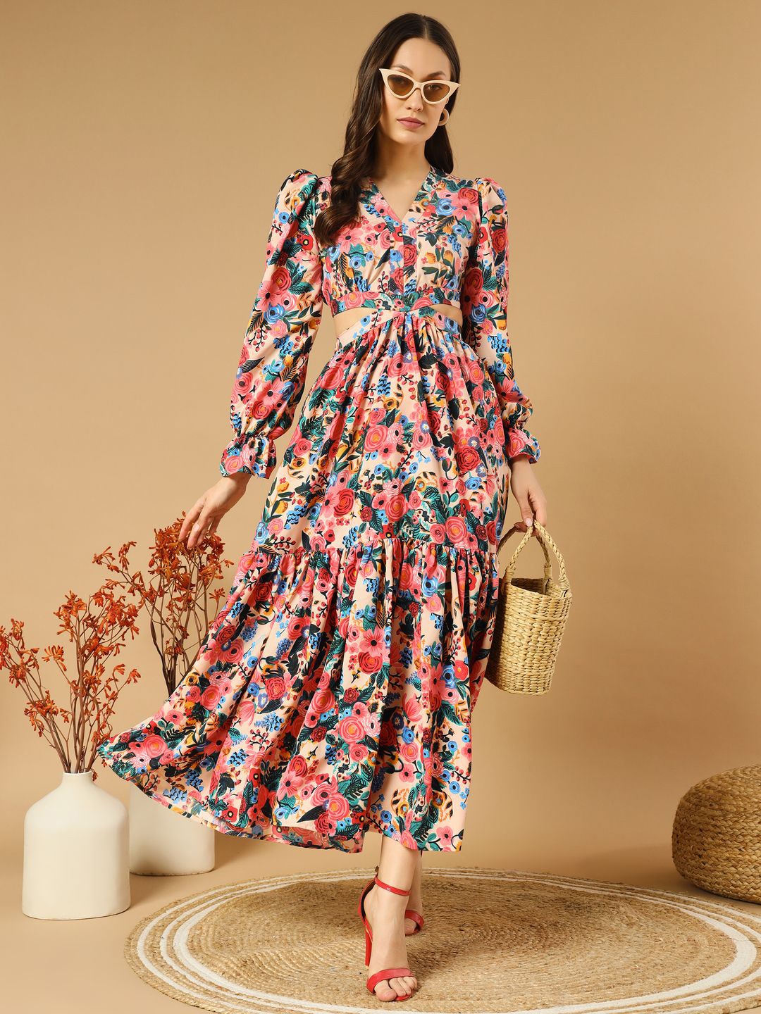 

OTABU Floral Printed Ruffled A-Line Maxi Dress, Blue