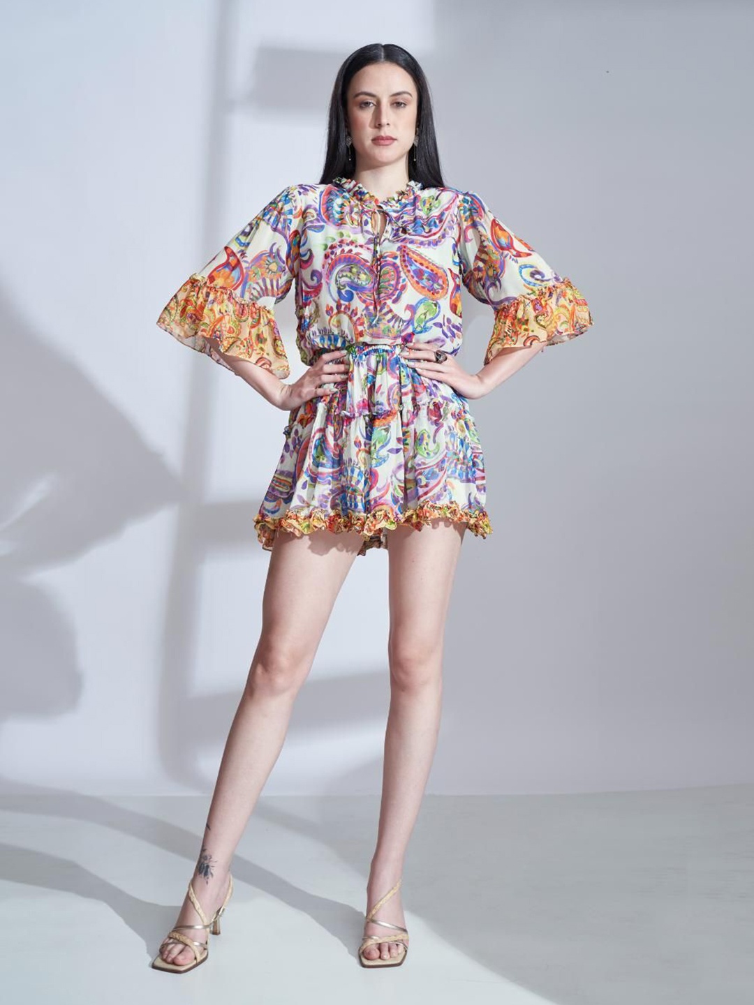 

The Samoa Ethnic Motifs Tie-Up Neck Flared Sleeve Fit & Flare Dress, White