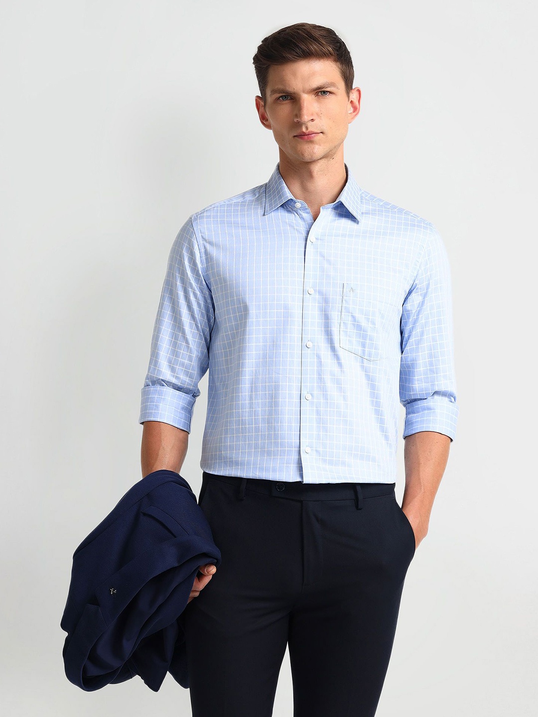 

Arrow Men Modern Spread Collar Checked Cotton Slim Fit Formal Shirt, Blue