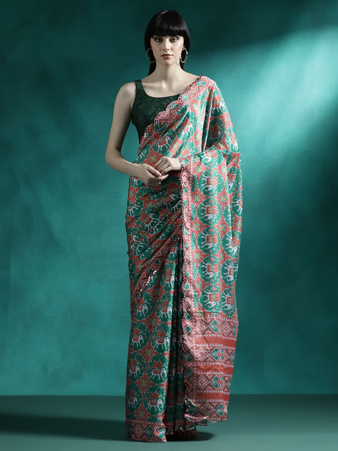 

Sangria Printed & Embroidered Saree With Blouse, Green