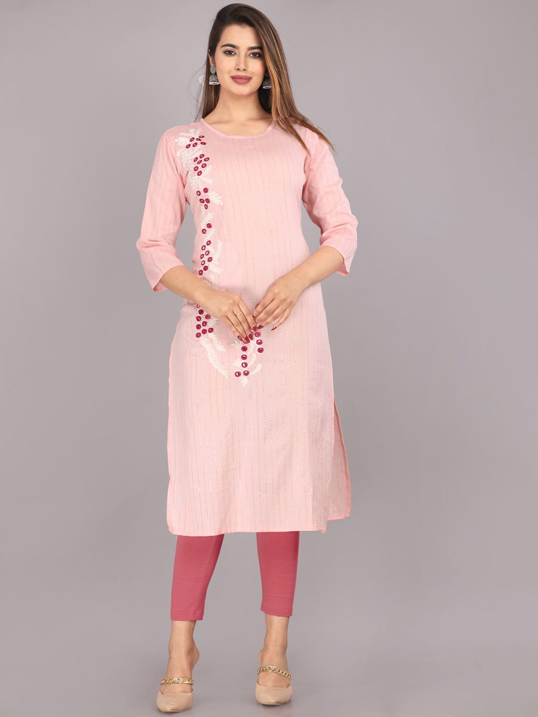 

Mehsoos Floral Embroidered Round Neck Mirror Work Cotton Straight Kurta, Peach