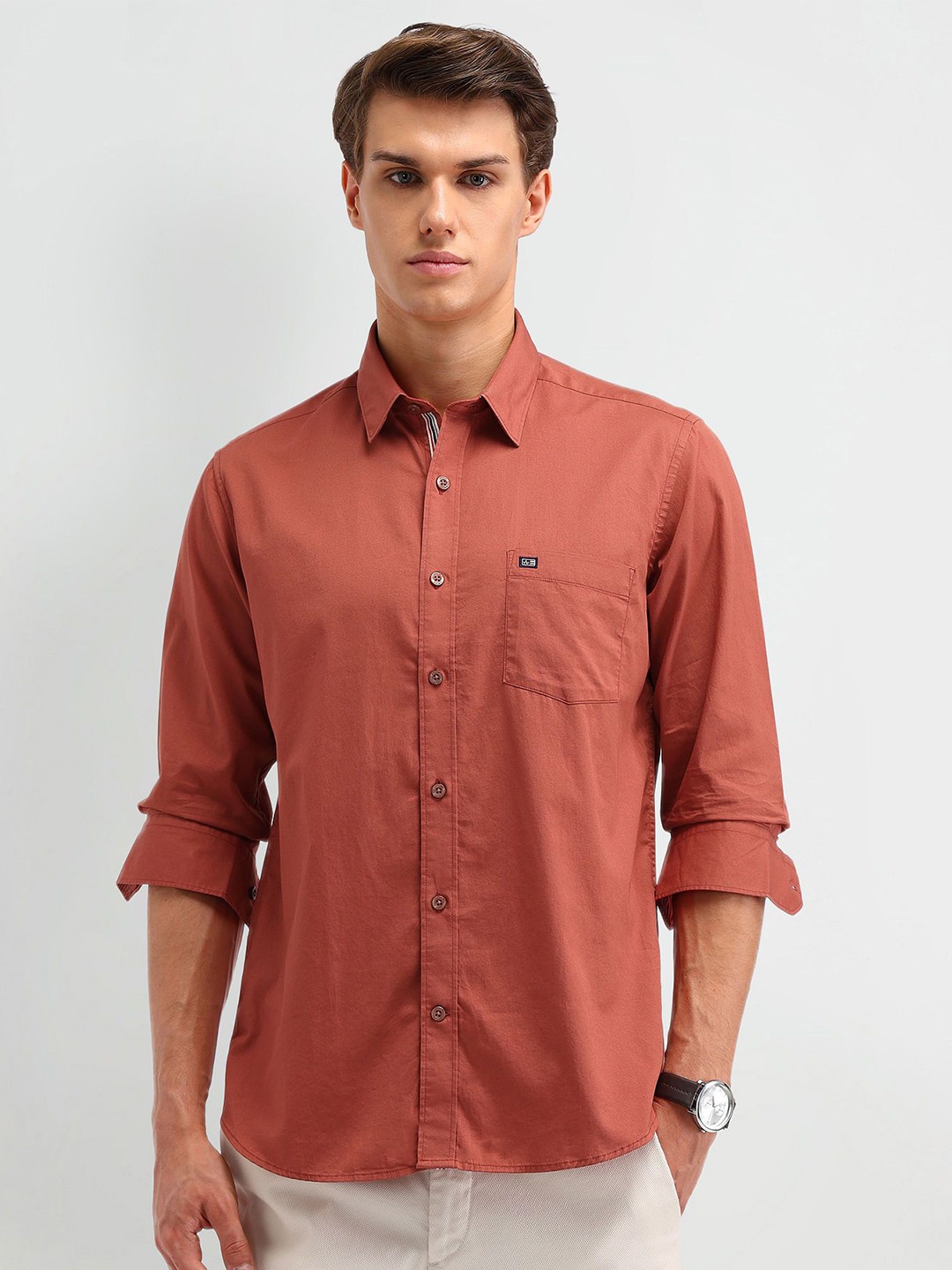 

Arrow Sport Men Modern Spread Collar Solid Cotton Slim Fit Casual Shirt, Rust