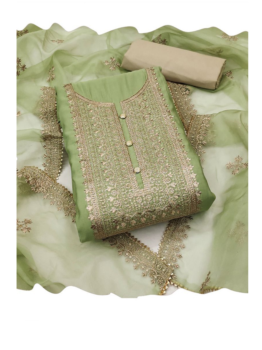 

ASISA Ethnic Motifs Embroidered Beads and Stones Pure Silk Unstitched Dress Material, Green