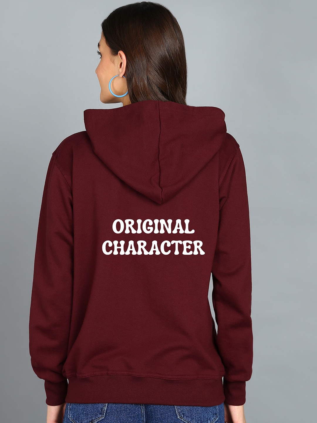 

FALTU.CO Women Printed Zip Detail Hooded Cotton Sweatshirt, Maroon