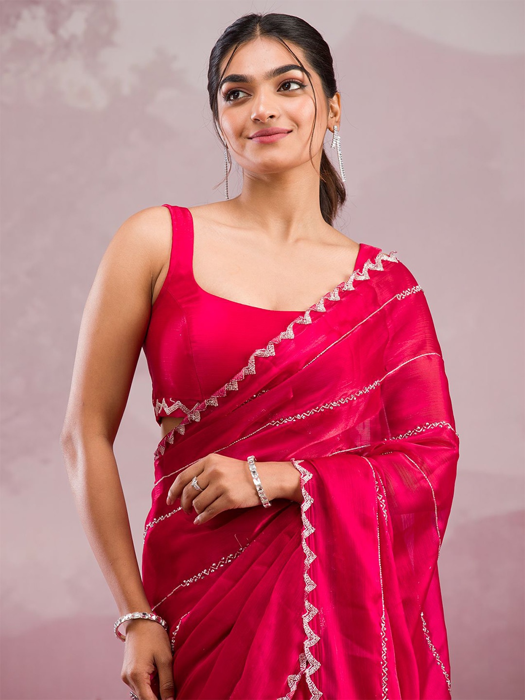 

Koskii Striped Beads and Stones Poly Georgette Saree, Red