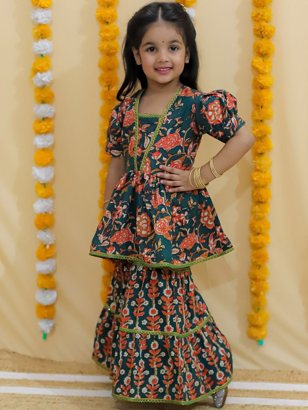 

UNBIND Girls Floral Printed Gotta Patti Pure Cotton Anarkali Kurta With Sharara, Green