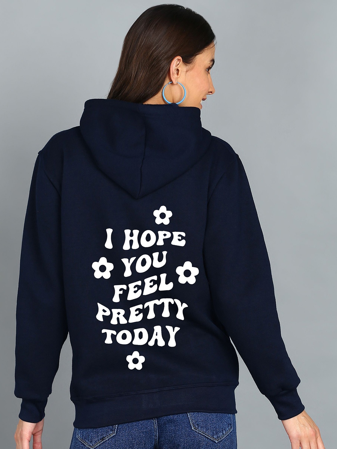 

FALTU.CO Women Typography Printed Hooded Ribbed Cotton Sweatshirt, Navy blue