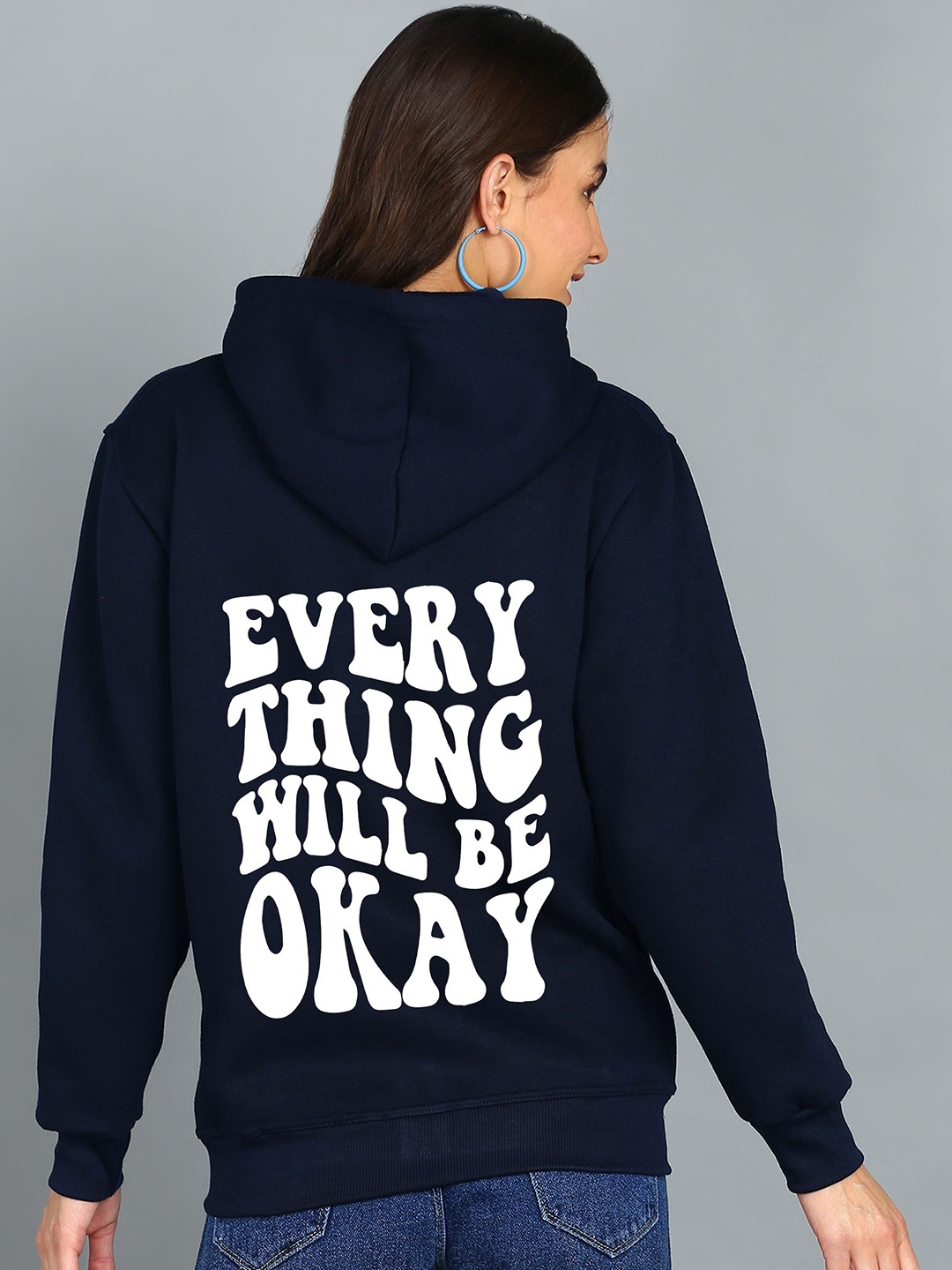 

FALTU.CO Women Typography Printed Hooded Ribbed Cotton Sweatshirt, Navy blue