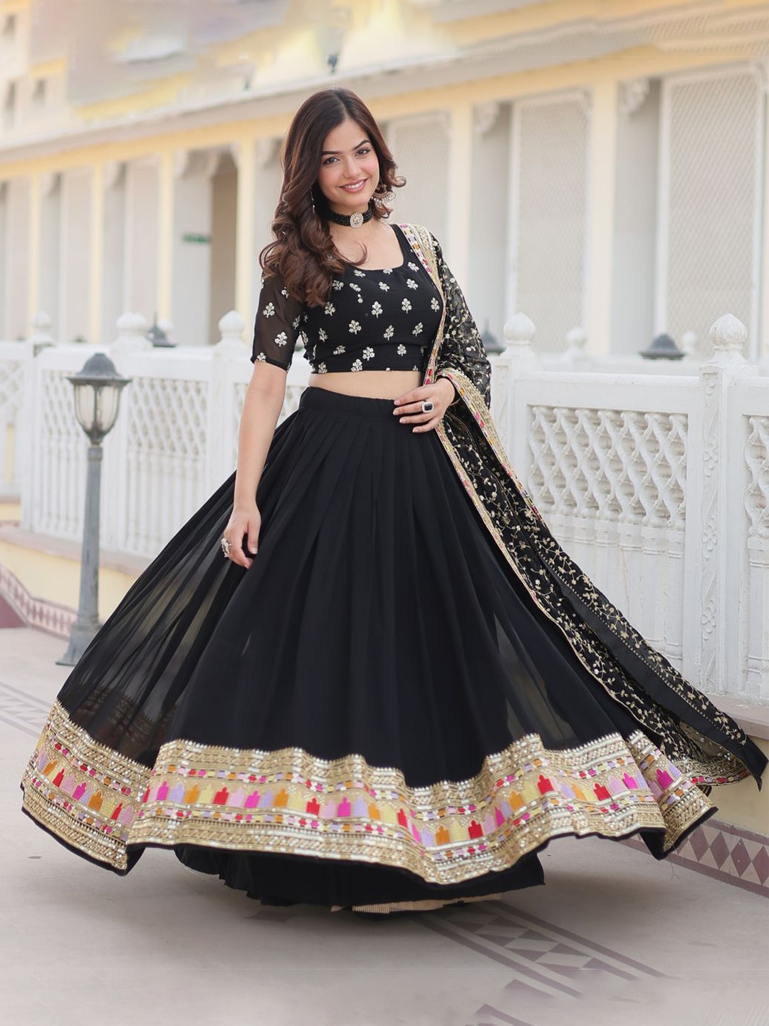 

Anara Embellished Sequinned Semi-Stitched Lehenga & Unstitched Blouse With Dupatta, Black