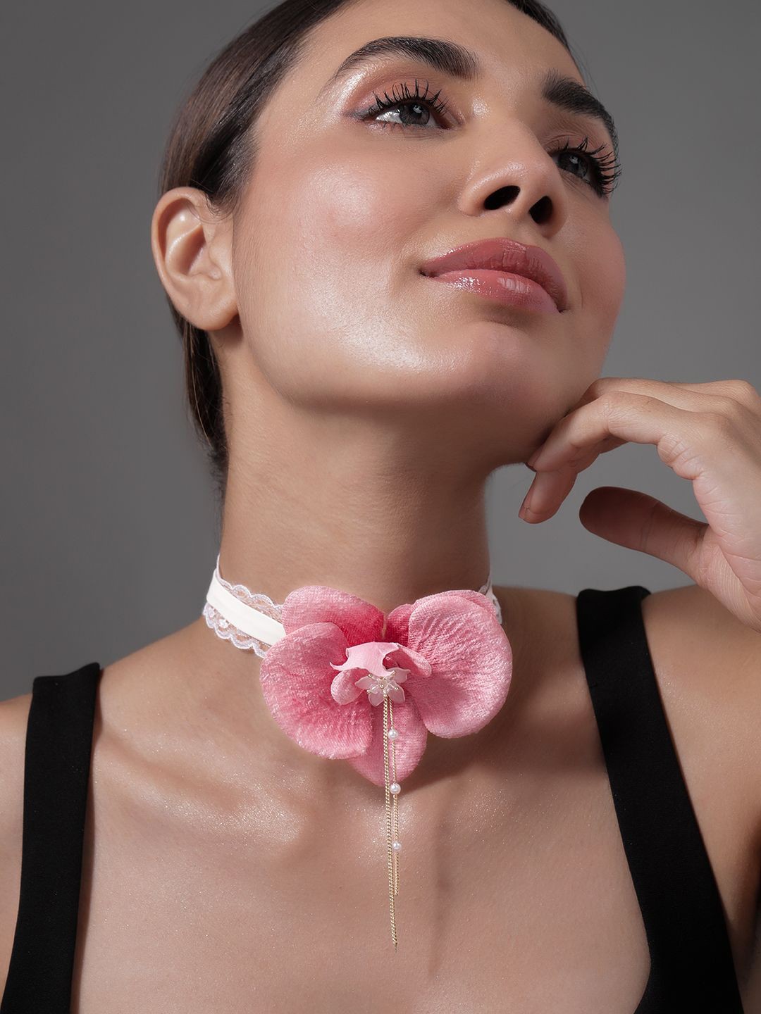 

Rubans Elegant Pink Orchid Flower Choker Necklace with Lace Detailing