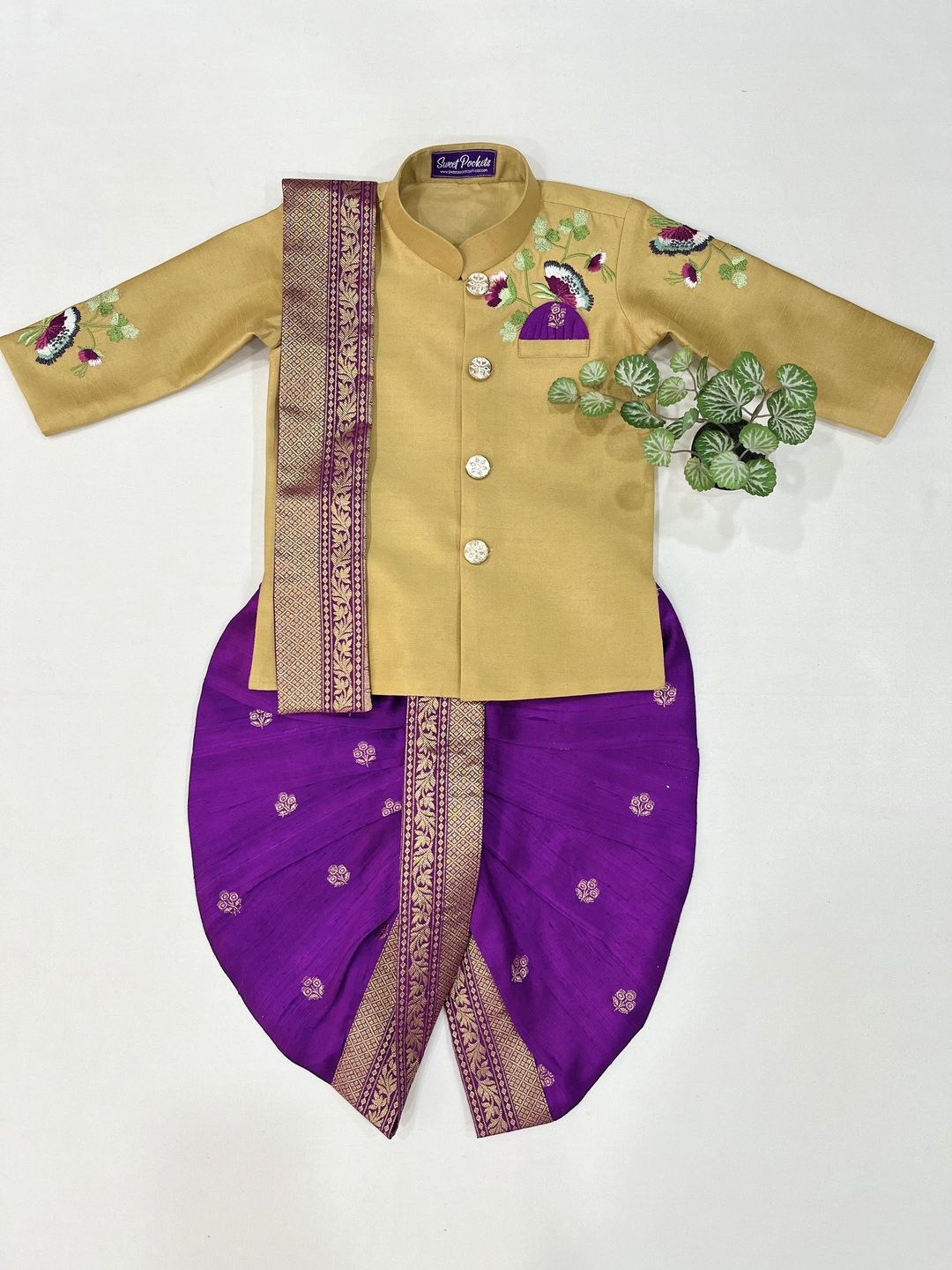 

Sweet Pockets Boys Ethnic Motifs Embroidered Thread Work Kurta with Dhoti Pants, Gold