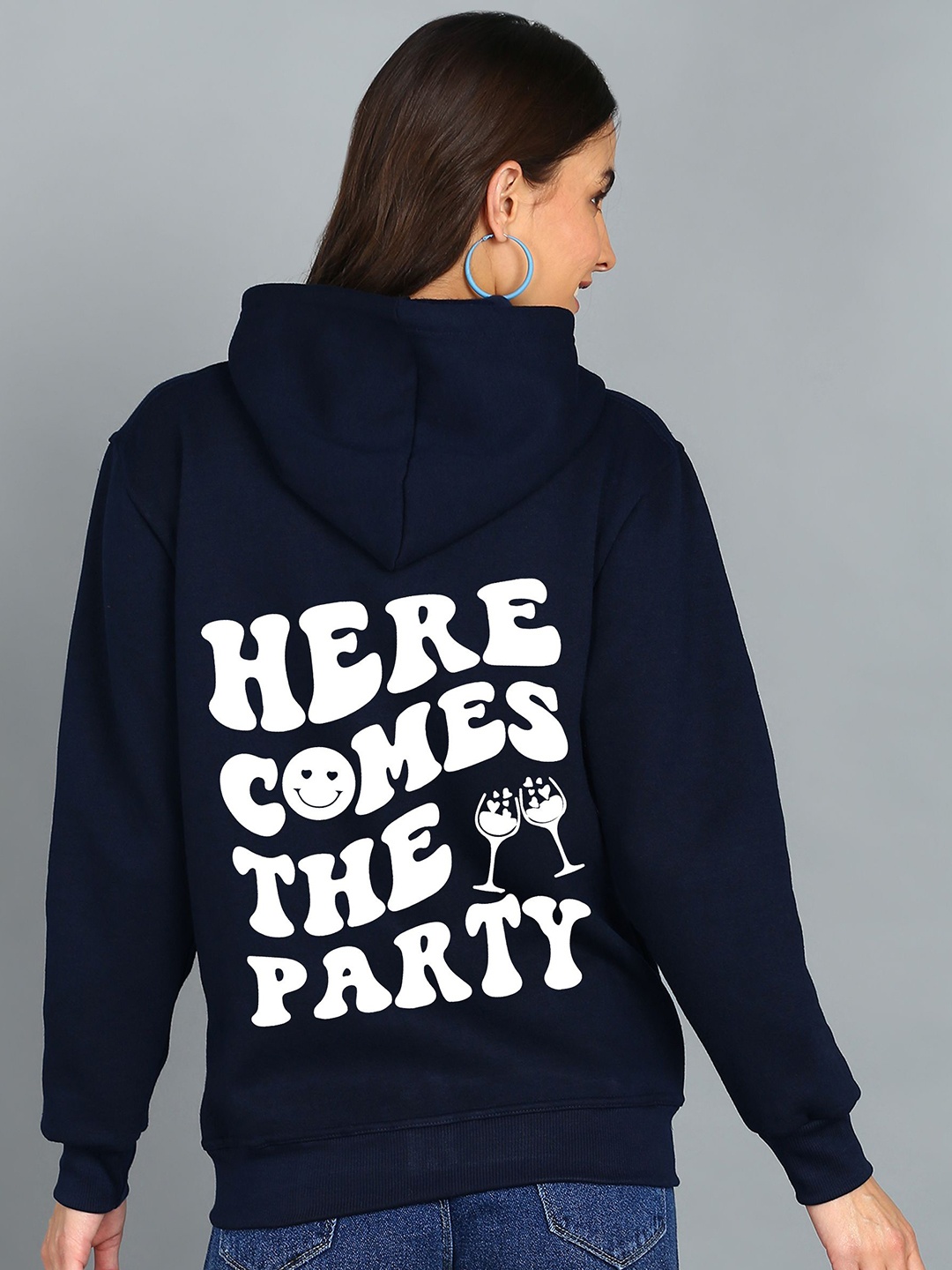 

FALTU.CO Women Printed Zip Detail Hooded Cotton Sweatshirt, Navy blue