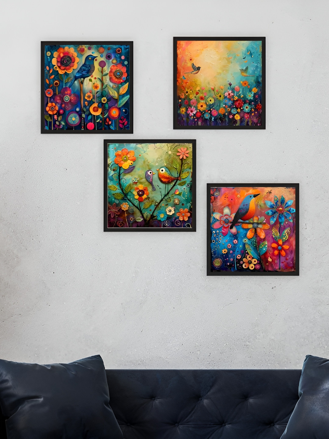 

CVANU Blue & Yellow 4 Pieces Floral Printed Wooden Wall Hangings