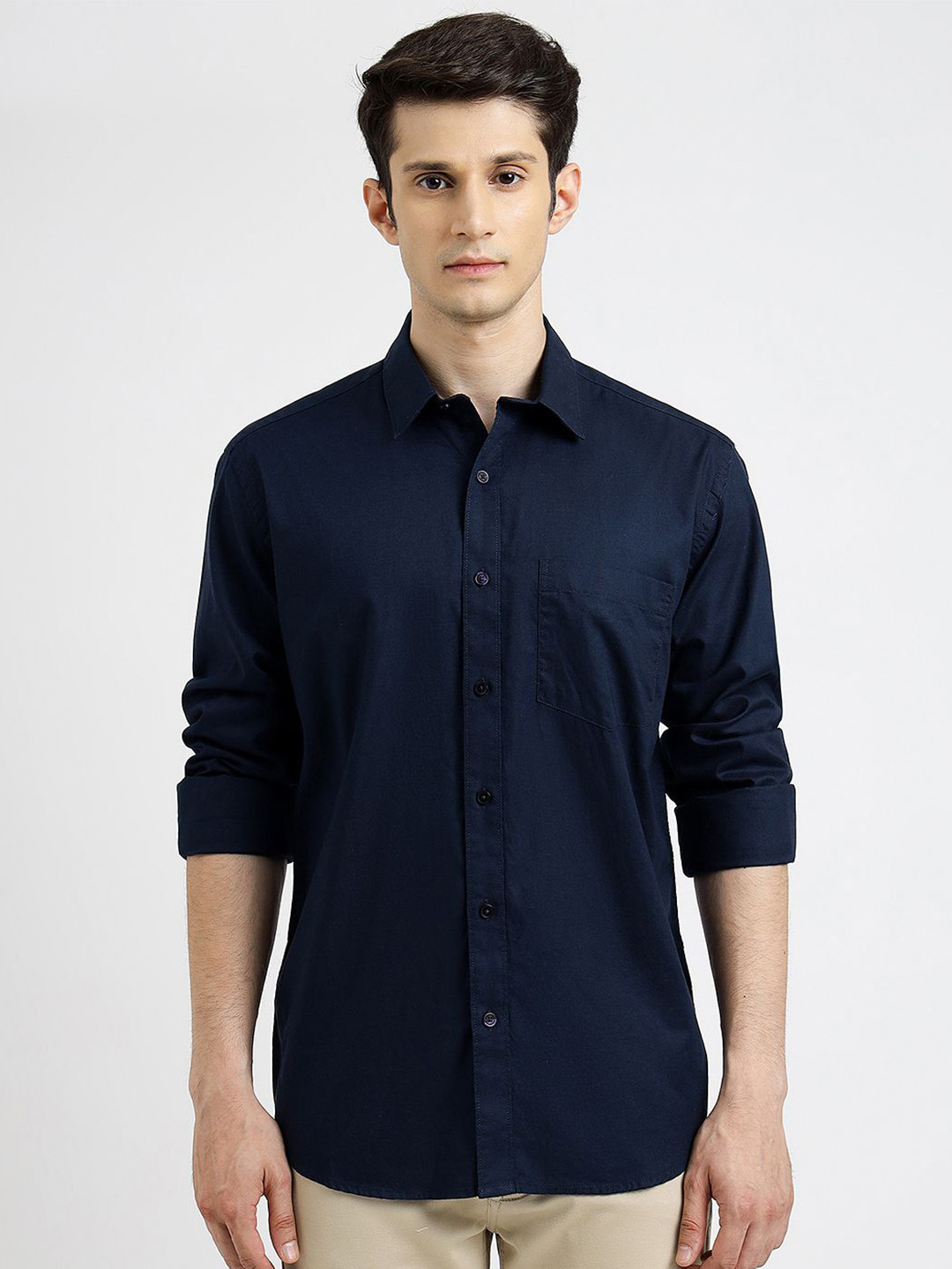 

Greenfibre Men Spread Collar Solid Cotton Casual Shirt, Navy blue