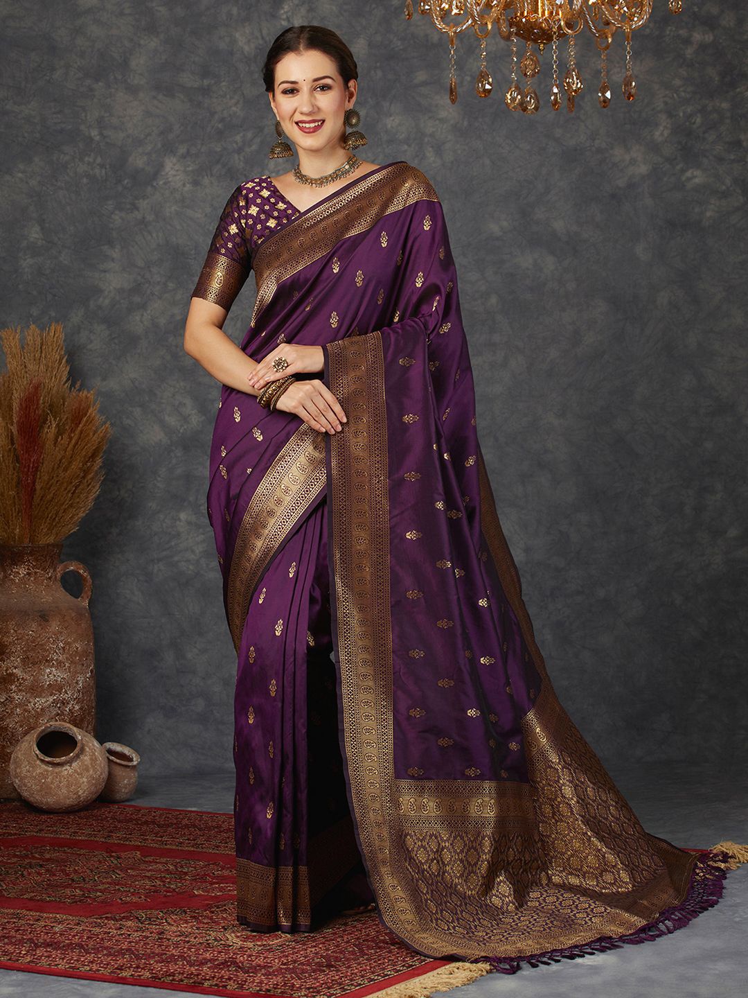 

all about you Ethnic Motifs Zari Pure Silk Banarasi Saree, Purple