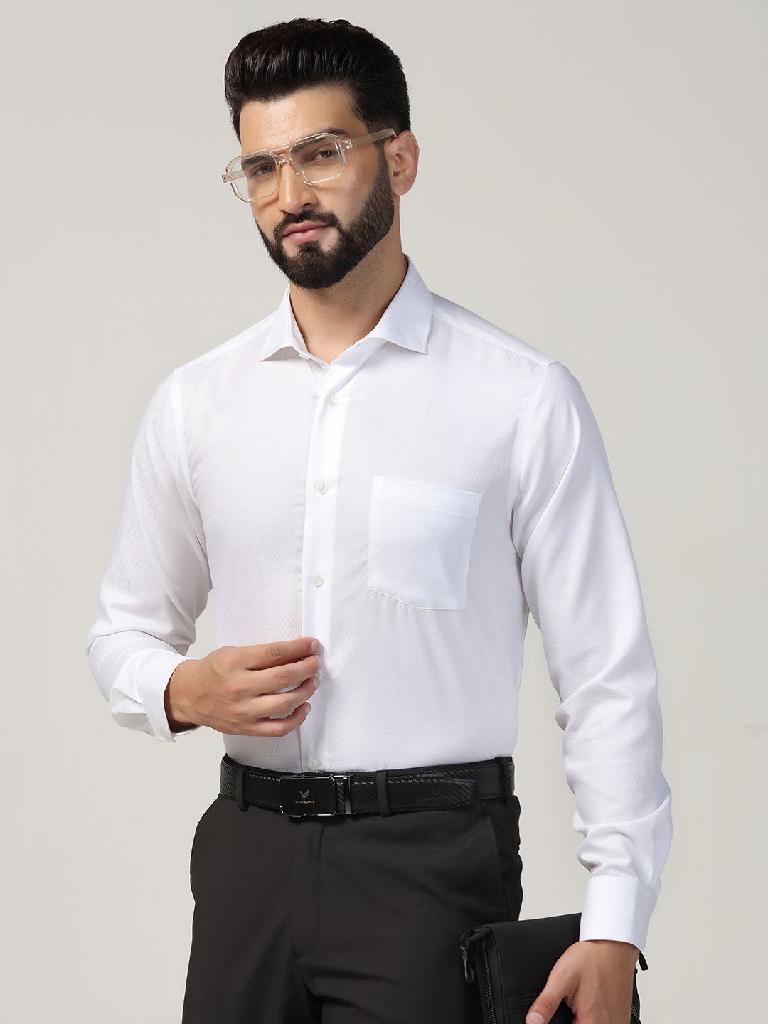 

Blackberrys Men India Spread Collar Textured Cotton Slim Fit Casual Shirt, White
