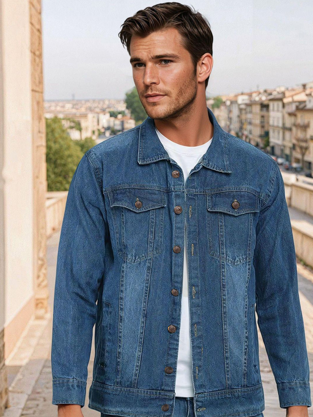 

Kotty Men Solid Spread Collar Denim Jacket, Blue